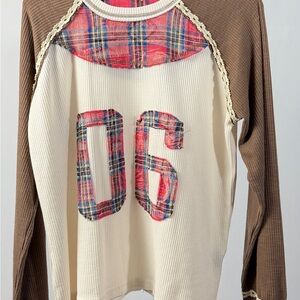 POL Cream & Brown plaid Patchwork 06 Raglan Thermal Top Boho  Mediums